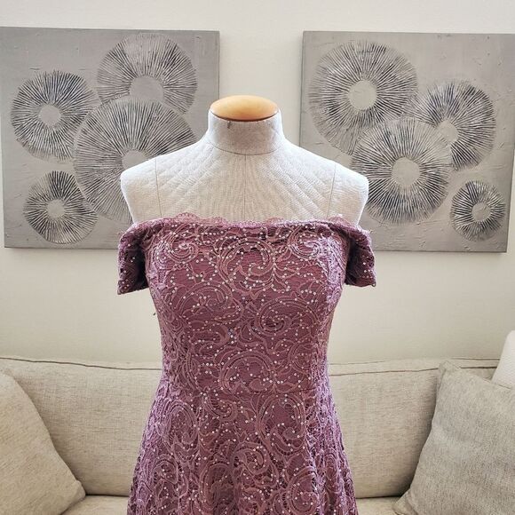 🌹 SEQUIN HEARTS 🌹 Off Shoulder Sequin Lace High Low Dress - [Size 11, Mauve] - Picture 4 of 13